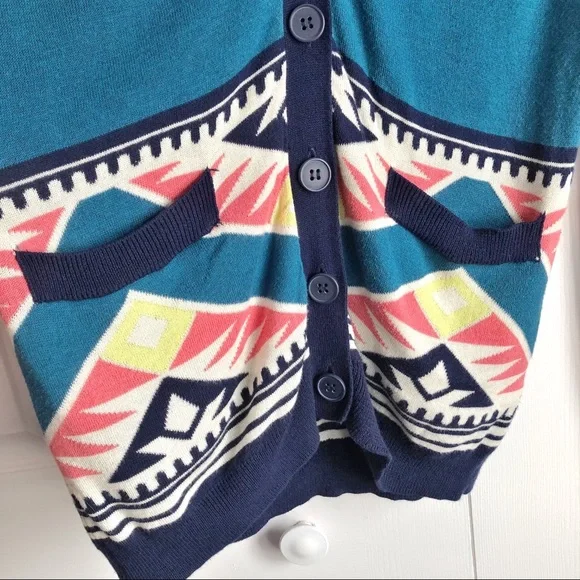 Nollie Boho Blue Aztec Print Long Grandpa Cardigan Small - Picture 4 of 14